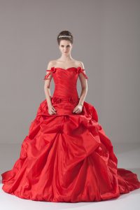 Customized Red Lace Up Quince Ball Gowns Ruching and Pick Ups and Hand Made Flower Sleeveless Brush Train