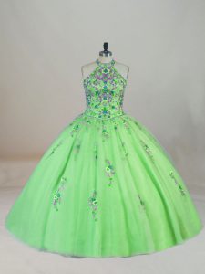 Excellent Sleeveless Tulle Brush Train Lace Up Quinceanera Dress in with Appliques and Embroidery