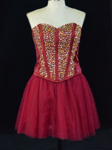 Great Sweetheart Sleeveless Dress for Prom Mini Length Beading Wine Red Tulle