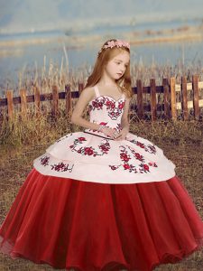 Cute Embroidery Little Girls Pageant Gowns Red Lace Up Sleeveless Floor Length