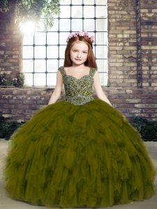 Floor Length Ball Gowns Sleeveless Olive Green Pageant Gowns Lace Up