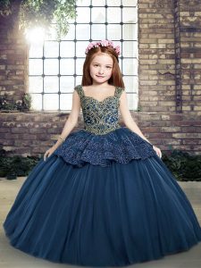 Floor Length Navy Blue Little Girls Pageant Dress Wholesale Tulle Sleeveless Beading and Appliques
