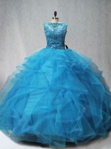 Elegant Sleeveless Tulle Brush Train Lace Up Sweet 16 Quinceanera Dress in Aqua Blue with Beading and Ruffles