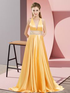 Stylish Gold V-neck Neckline Beading Prom Dresses Sleeveless Backless