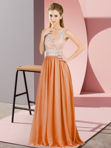 Exquisite Orange Sleeveless Beading and Lace Floor Length Prom Party Dress