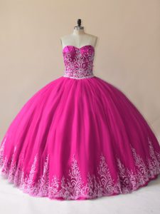 Deluxe Embroidery Quince Ball Gowns Fuchsia Lace Up Sleeveless Floor Length