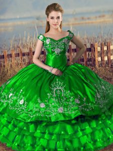 Green Off The Shoulder Neckline Embroidery and Ruffled Layers Quinceanera Dresses Sleeveless Lace Up