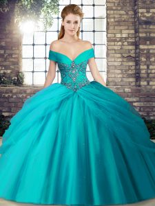 Traditional Beading and Pick Ups Quinceanera Gowns Teal Lace Up Sleeveless Brush Train