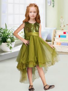 Best Selling Olive Green A-line Sequins and Bowknot Flower Girl Dresses Zipper Organza Sleeveless High Low