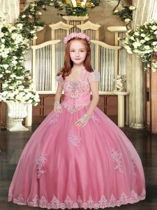 Perfect Pink Tulle Lace Up Little Girls Pageant Dress Wholesale Sleeveless Floor Length Appliques