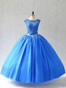 Beading and Appliques Quince Ball Gowns Blue Lace Up Sleeveless Floor Length