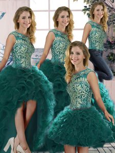 Low Price Ball Gowns Quinceanera Dresses Peacock Green Scoop Organza Sleeveless Floor Length Lace Up