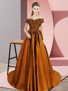 Custom Design Brown Sleeveless Court Train Lace 15 Quinceanera Dress