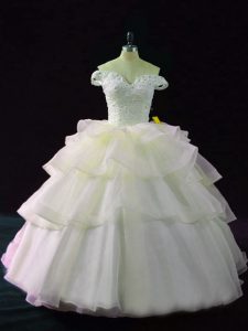 Best Selling Yellow Green Off The Shoulder Lace Up Beading and Ruffled Layers Quinceanera Gowns Brush Train Sleeveless