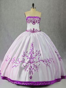Charming White And Purple Ball Gowns Satin Strapless Sleeveless Embroidery Floor Length Lace Up Quince Ball Gowns