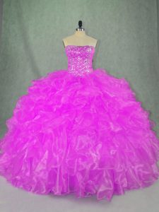 Sleeveless Organza Floor Length Lace Up 15 Quinceanera Dress in Lilac with Beading and Ruffles