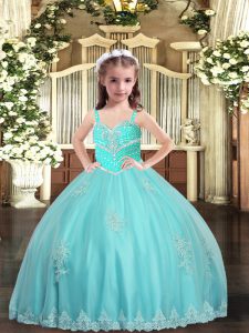 Straps Sleeveless Child Pageant Dress Floor Length Appliques Aqua Blue Tulle
