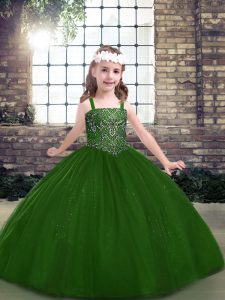 Green Tulle Lace Up Glitz Pageant Dress Sleeveless Floor Length Beading