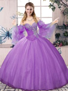 New Style Lavender Ball Gowns Sweetheart Long Sleeves Tulle Floor Length Lace Up Beading Quinceanera Gown