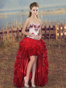 Red Lace Up Sweetheart Embroidery and Ruffles Prom Party Dress Organza Sleeveless