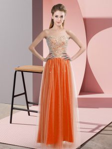 Nice Floor Length Orange Red Prom Evening Gown Tulle Sleeveless Beading