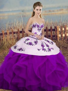 Trendy Floor Length White And Purple Sweet 16 Quinceanera Dress Tulle Sleeveless Embroidery and Ruffles and Bowknot