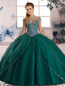 Best Selling Green 15 Quinceanera Dress Tulle Brush Train Cap Sleeves Beading