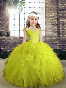 Yellow Green Lace Up High School Pageant Dress Beading and Ruffles Sleeveless Floor Length