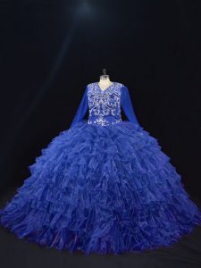 Organza Long Sleeves Floor Length Sweet 16 Dresses and Beading and Ruffled Layers