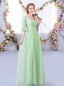 Floor Length Side Zipper Bridesmaid Dresses Apple Green for Wedding Party with Lace and Belt