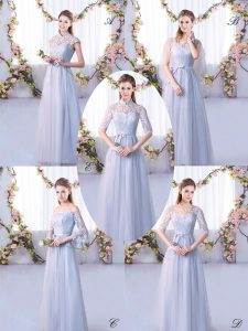 Grey Empire Tulle High-neck Cap Sleeves Lace Floor Length Lace Up Bridesmaids Dress