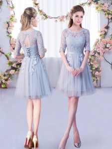 Mini Length Lace Up Bridesmaid Dresses Grey for Wedding Party with Lace