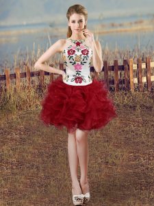 White And Red Organza Lace Up Prom Dress Sleeveless Mini Length Embroidery and Ruffles