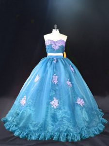 Aqua Blue Ball Gowns Sweetheart Sleeveless Organza Brush Train Zipper Appliques Sweet 16 Quinceanera Dress