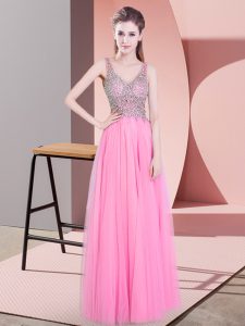 Elegant Floor Length Empire Sleeveless Rose Pink Prom Dresses Zipper