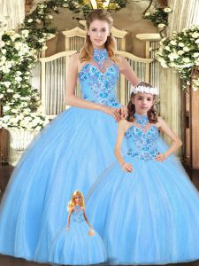 Superior Embroidery 15th Birthday Dress Baby Blue Lace Up Sleeveless Floor Length