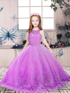 Excellent Lilac Backless Scoop Lace and Appliques Pageant Gowns For Girls Sleeveless