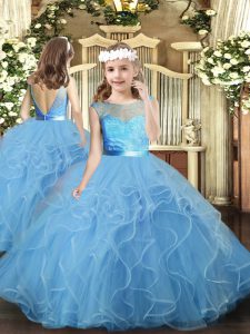 Graceful Sleeveless Floor Length Ruffles Backless Little Girls Pageant Dress with Baby Blue