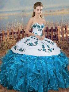 Most Popular Blue And White Sleeveless Embroidery and Ruffles and Bowknot Floor Length Sweet 16 Dress