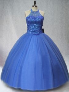 Luxurious Blue Halter Top Neckline Beading Quinceanera Dress Sleeveless Lace Up