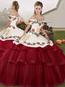 Wine Red Tulle Lace Up Quince Ball Gowns Sleeveless Brush Train Embroidery and Ruffled Layers