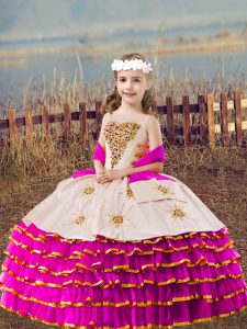 Straps Sleeveless Little Girl Pageant Gowns Floor Length Beading and Embroidery and Ruffled Layers Fuchsia Organza