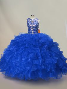Deluxe Royal Blue Ball Gowns Organza Scoop Sleeveless Ruffles and Sequins Floor Length Lace Up 15 Quinceanera Dress