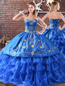 Blue Sleeveless Floor Length Embroidery 15 Quinceanera Dress