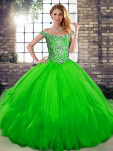 Green Sleeveless Floor Length Beading and Ruffles Lace Up Ball Gown Prom Dress
