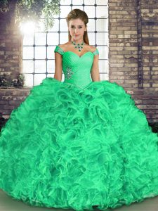 Super Turquoise Organza Lace Up Ball Gown Prom Dress Sleeveless Floor Length Beading and Ruffles
