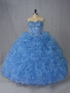 Admirable Blue Sweet 16 Dress Organza Brush Train Sleeveless Beading and Ruffles