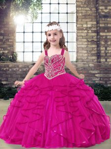 Ball Gowns Evening Gowns Fuchsia Straps Tulle Sleeveless Floor Length Lace Up