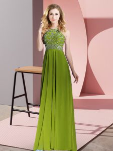 Floor Length Backless Evening Dress Olive Green for Prom and Party with Beading