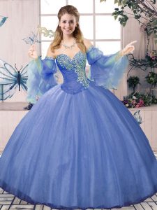 Charming Sweetheart Sleeveless Quince Ball Gowns Floor Length Beading Blue Tulle